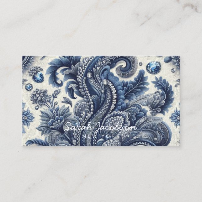 Luxury Blue and White Paisley Diamond Visitenkarte (Vorderseite)