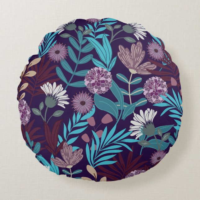 Luxury Blue & Burgundy Floral Rundes Kissen (Vorderseite)