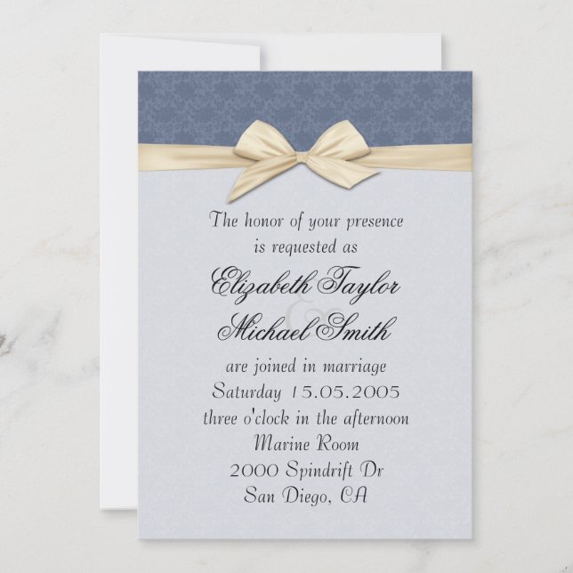 Luxury Blue Elegant Damask Ribbon Wedding Einladun Einladung (Vorderseite)