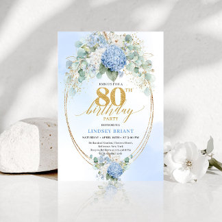Luxury Blue Floral Eucalyptus 80th Birthday Invite Einladung