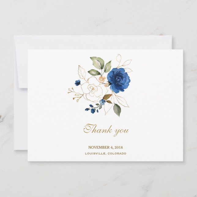 Luxury Blue Gold Floral Wedding Vielen Dank Dankeskarte (Vorderseite)