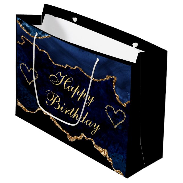 Luxury Blue & Gold Glitzer Agate Happy Birthday Große Geschenktüte (Vorderseite Schrägansicht)