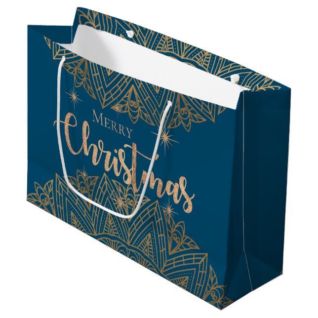 Luxury Blue Gold Mandala Elegant Frohe Weihnachten Große Geschenktüte (Vorderseite Schrägansicht)