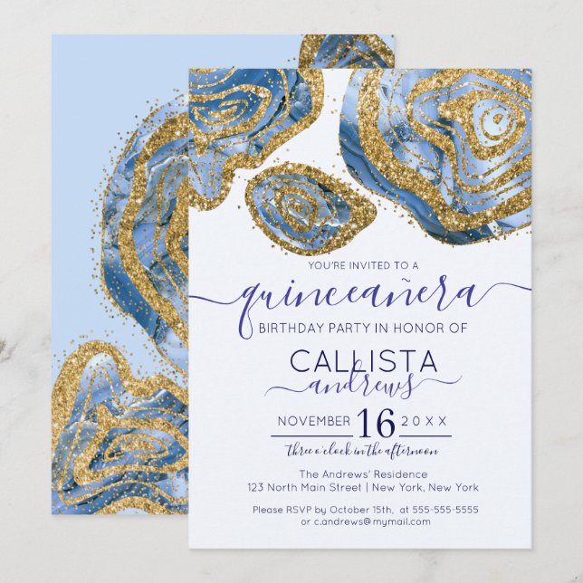 Luxury Blue Gold Marmor Agate Glitzer Quinceañera Einladung (Vorne/Hinten)