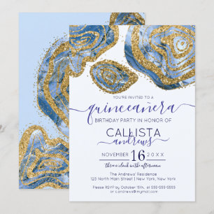 Luxury Blue Gold Marmor Agate Glitzer Quinceañera Einladung