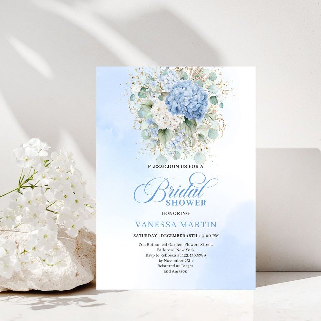 Luxury Blue Hydrangea Bridal Shower Gold Invitatio Einladung (Luxury Blue Hydrangea Bridal Shower Gold Invitation)