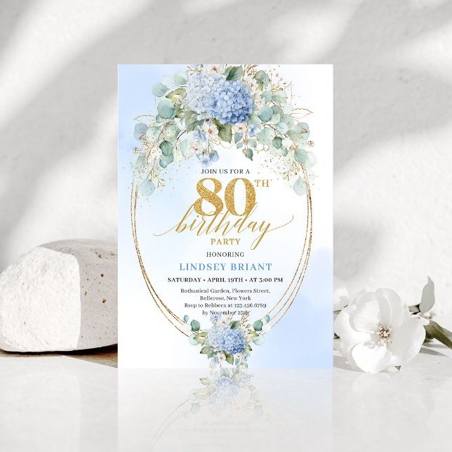 Luxury Blue Hydrangea Floral 80th Birthday Invite Einladung (Luxury Blue Hydrangea Floral 80th Birthday Invitation)