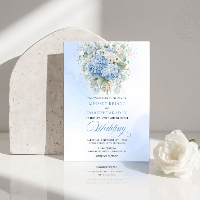 Luxury Blue Hydrangea Gold Wedding Invitation Einladung (Luxury Blue Hydrangea Gold Wedding Invitation)
