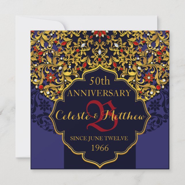 Luxury Blue Red Gold 50 Jahre Jubiläum Einladung (Vorderseite)