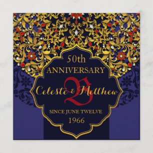 Luxury Blue Red Gold 50 Jahre Jubiläum Einladung
