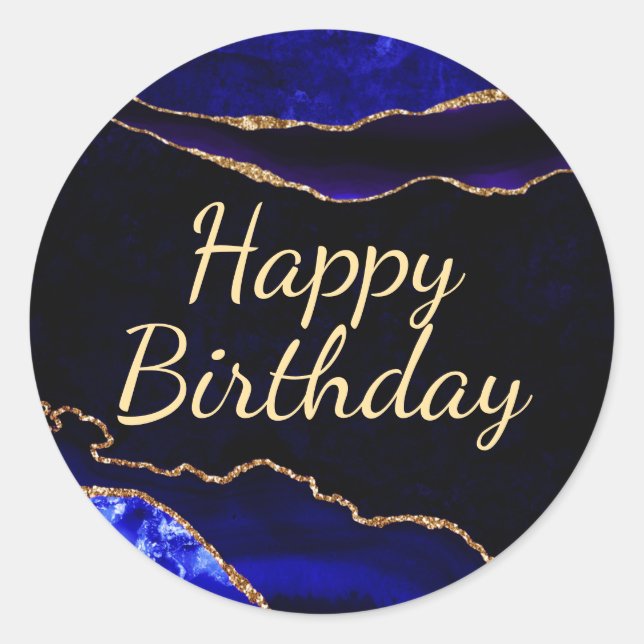 Luxury Blue und Gold Glitzer Agate Birthday Runder Aufkleber (Vorderseite)