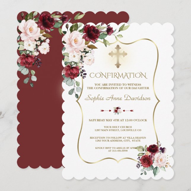 Luxury Blush Burgundy Flowers Girl Confirmation Einladung (Vorne/Hinten)