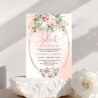 Luxury Blush Floral Gold Sweet 16 Birthday Invite Einladung
