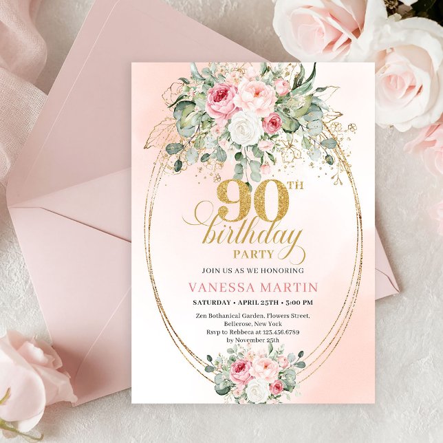 Luxury Blush Rose Gold Boho 90th Birthday Invite Einladung (Delicate Blush Floral Greenery Elegant 90th Birthday Invite)