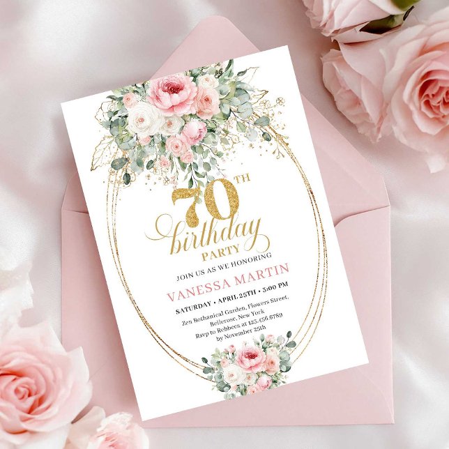 Luxury Blush Roses Digital 70th Birthday Invite Einladung (Luxury Blush Roses Digital 70th Birthday Invitation)
