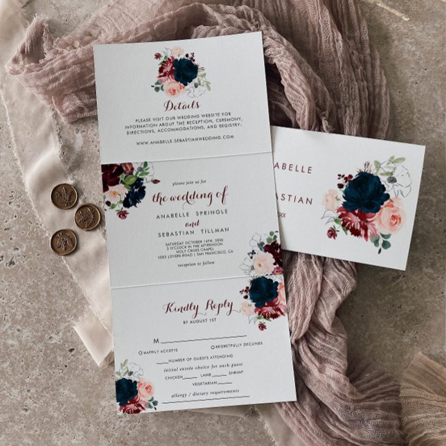 Luxury Boho farbenfrohe, dreifache Hochzeit der Bl Dreifach Gefaltete Einladung (Von Creator hochgeladen)