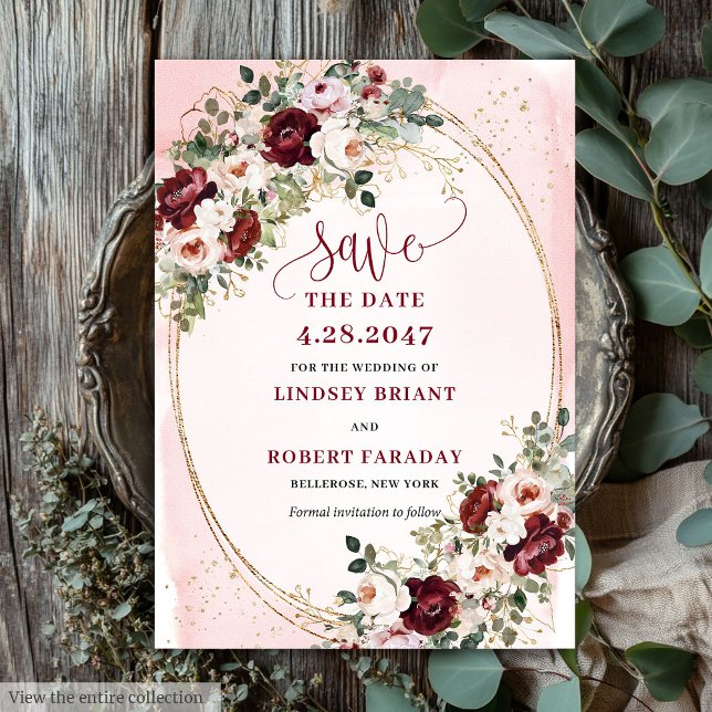 Luxury Boho Maroon Blush Gold Roses Save Date Einladung (Luxury Boho Maroon Blush Gold Roses Save Date)