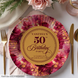 Luxury Boho Marsala Blush Gold 50. Geburtstagsplat Pappteller