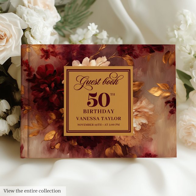 Luxury Boho Marsala Blush Gold Floral 50 Geburtsta Gästebuch (Luxury Boho Marsala Blush Gold Floral 50 Birthday Guest Book)