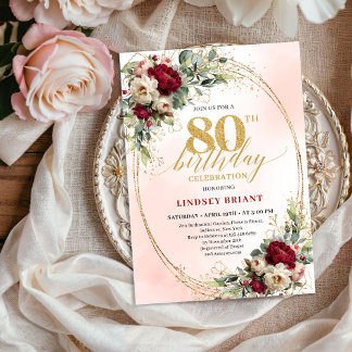 Luxury Burgundy Bohemian Floral 80th Birthday  Einladung