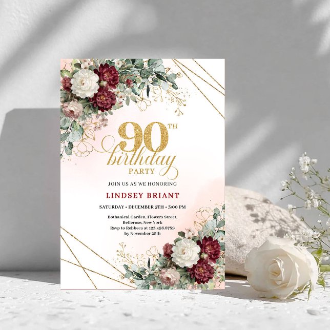 Luxury Burgundy Boho Floral Greenery 90th Birthday Einladung (Luxury Burgundy Floral Greenery 90th Birthday Invite)