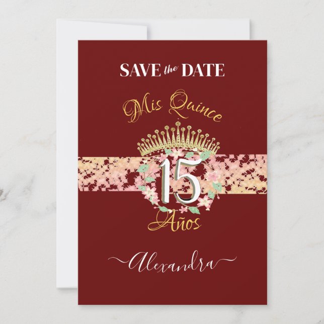 Luxury Burgundy Elegant Quinceañera Spanisch Save The Date (Vorderseite)
