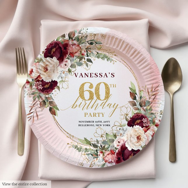 Luxury Burgundy Gold Floral 60th Birthday Boho  Pappteller (Luxury Burgundy Gold Floral 60th Birthday Boho Plates)