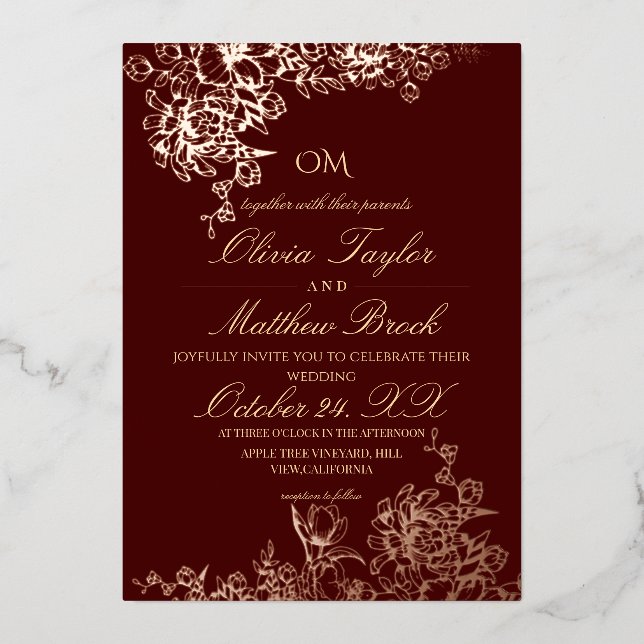 Luxury Burgundy & Gold Garden Floral Wedding Invi Folieneinladung (Vorderseite)