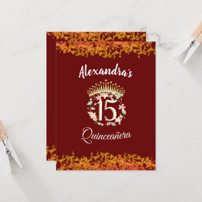 Luxury Burgundy Quinceañera Spanische Einladung (Vorderseite/Rückseite Beispiel)