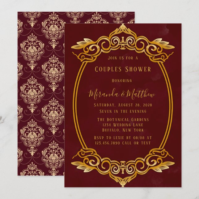 Luxury Burgundy und Gold Royal Couples Dusche Einladung (Vorne/Hinten)