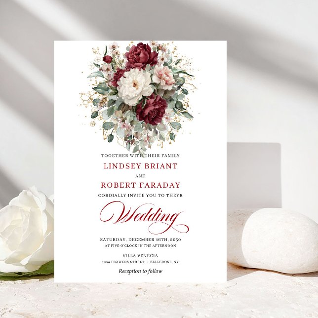Luxury Burgundy White Floral Eucalyptus Wedding  Einladung (Luxury Burgundy White Floral Eucalyptus Wedding Invitation)