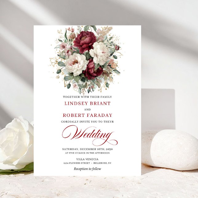 Luxury Burgundy White Floral Gold Wedding Invite Einladung (Luxury Burgundy White Floral Gold Wedding Invitation)