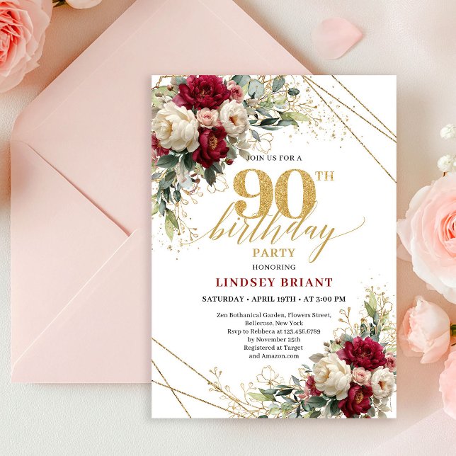 Luxury Burgundy White Roses Gold 90th Birthday  Einladung (Luxury Burgundy White Roses Gold 90th Birthday Invite)