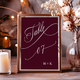 Luxury Calligraphy Burgundy Wedding Number 7, Tischnummer