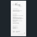 Luxury Calligraphy Elegant Wedding Empfang Menükarte<br><div class="desc">Einfaches elegantes Dinner-Menü: Dieses elegante und einfache Schwarz-Weiß-Hochzeitsmenü besticht durch ein sanftes, romantisches Ambiente, das jedes moderne und zeitlose Hochzeitsthema perfekt ergänzt. Personalisiert mit den Namen der Paare, präsentiert die Vorderseite des Menüs jeden Gang in einem gepflegten und raffinierten Rahmen, der schlichte Eleganz ausstrahlt. Das minimalistische Design wird durch den...</div>