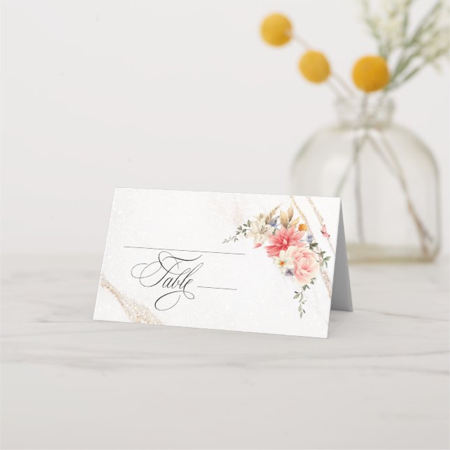 Luxury Calligraphy Pink Floral Wedding Platzkarte (Vorderseite)