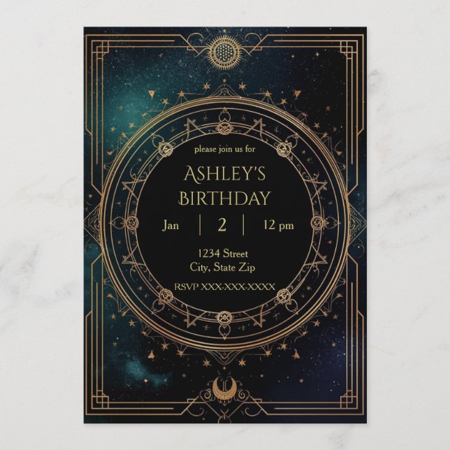 Luxury Celestial Birthday Invitation – Midnight (Devant)