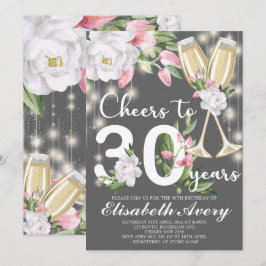 Luxury Champagne Floral Gray 30. Geburtstag Party Einladung