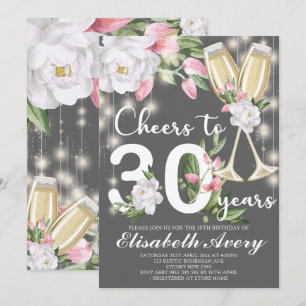 Luxury Champagne Floral Gray 30. Geburtstag Party Einladung