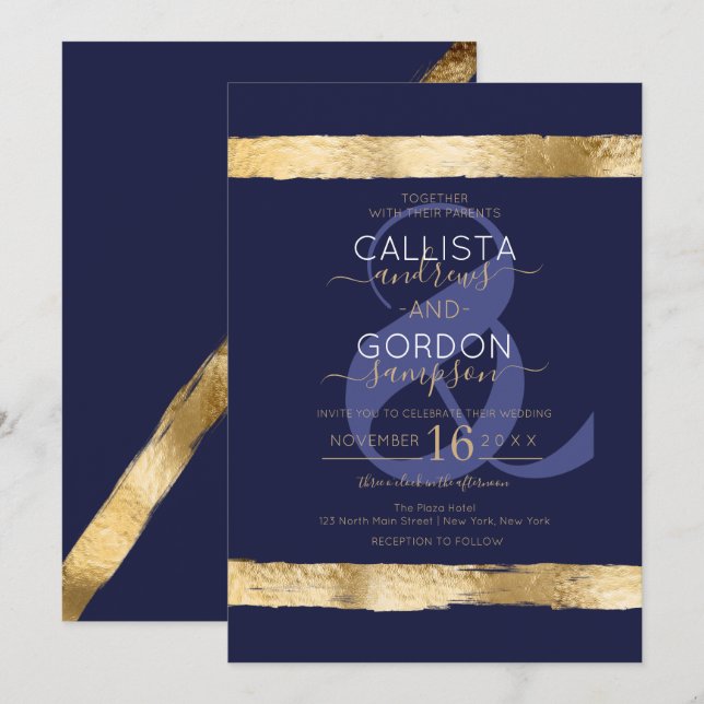 Luxury Chic Navy Gold Brushstroke Border Wedding Einladung (Vorne/Hinten)