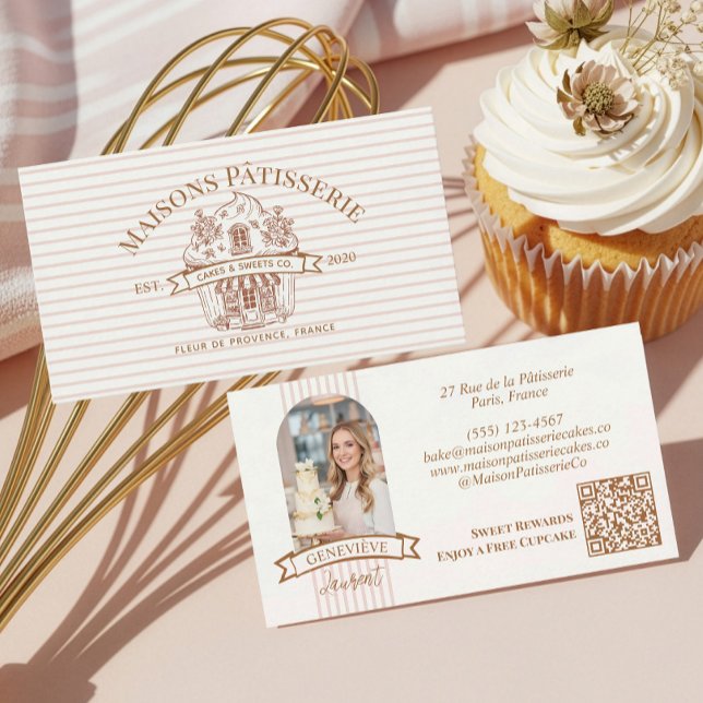 Luxury Chic Professional Home Baker Cupcake Bakery Visitenkarte (Stripe Floral Cupcake Bakery Cake Designer Shop Business Card)