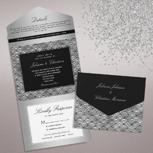 Luxury Chic Silver Black Wedding All In One Einladung