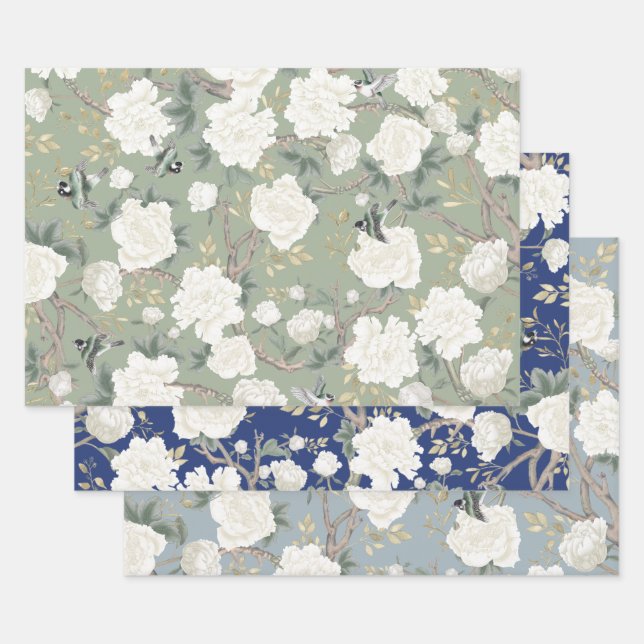 Luxury Chinoiserie Sage Green Elfenbeinwild Blume  Geschenkpapier Set (Set)