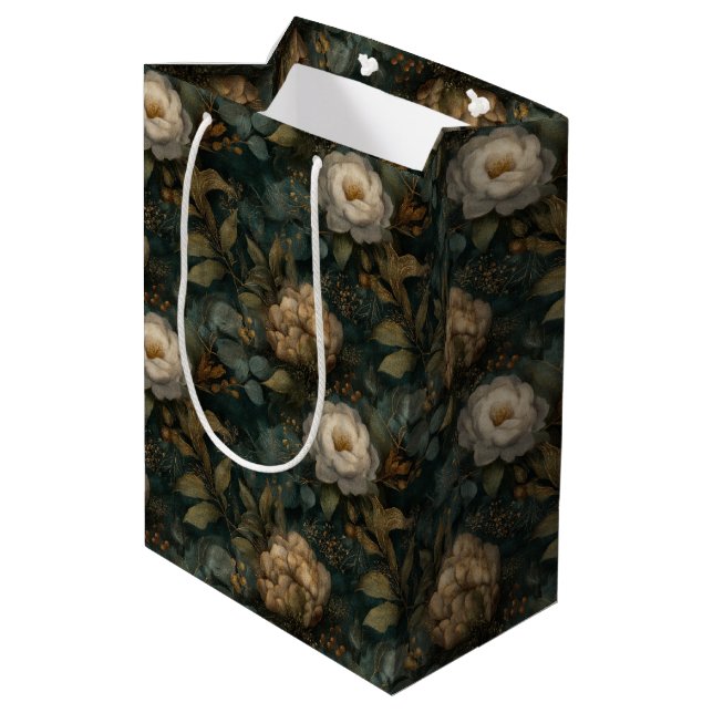 Luxury Christmas Winter Green and Cream Floral Mittlere Geschenktüte (Rückseite Schrägansicht)