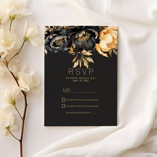 Luxury classy black gold peony floral RSVP Einladung (Luxury classy black gold peony floral RSVP )