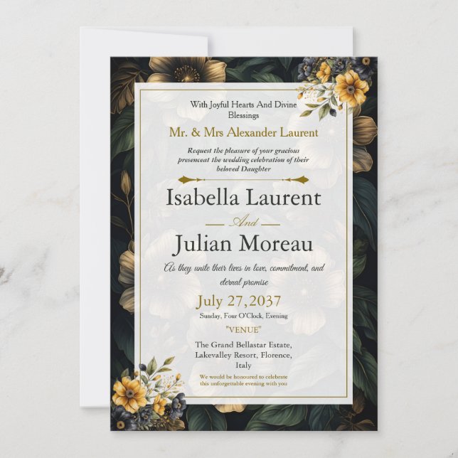 Luxury Dark Floral Elegant Wedding Invitation Einladung (Vorderseite)