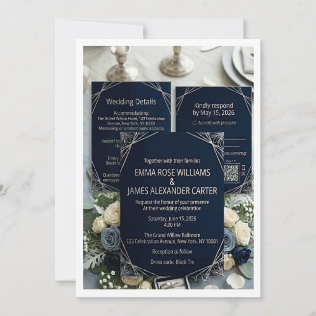 Luxury Dark Navy & Silver Wedding Invitation Suite (Devant)