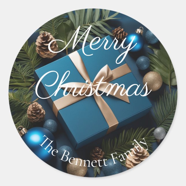Luxury Deep Blue & Green Foliage Weihnachtsgeschen Runder Aufkleber (Vorderseite)