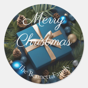 Luxury Deep Blue & Green Foliage Weihnachtsgeschen Runder Aufkleber