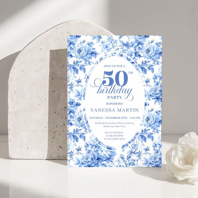Luxury Deep Blue Toile Roses 50th Birthday Invite Einladung (Luxury Deep Blue Toile Roses 50th Birthday Invitation)